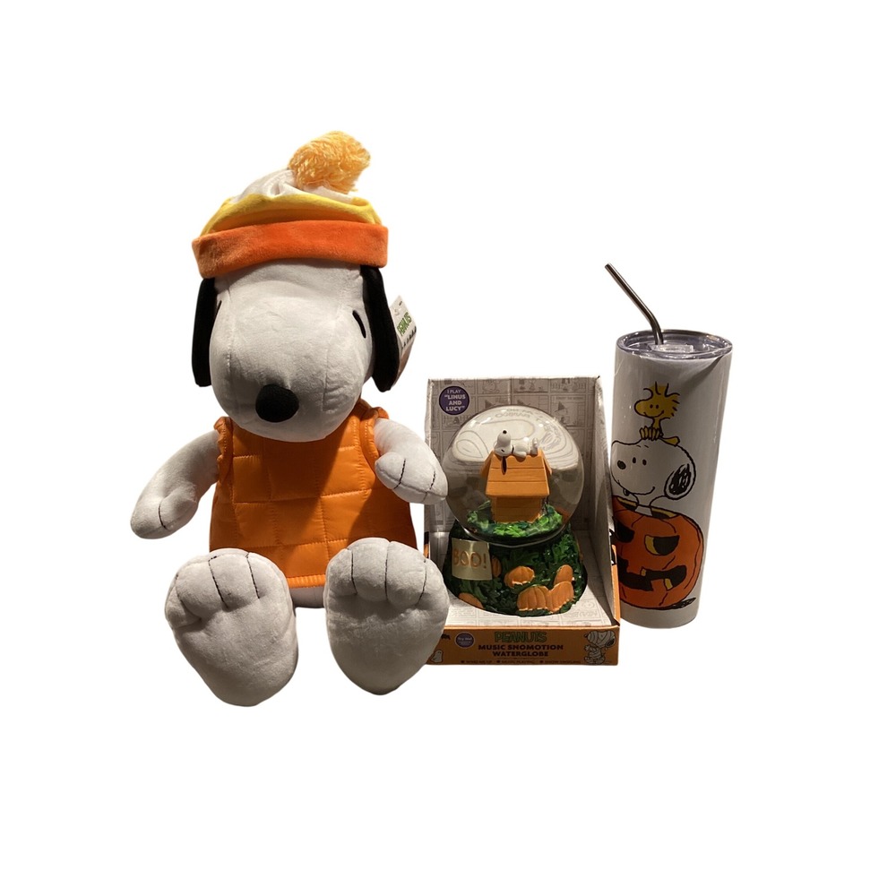 Peanuts Halloween Snoopy Plush Musical Snow Globe and Tumbler Set 3pc New